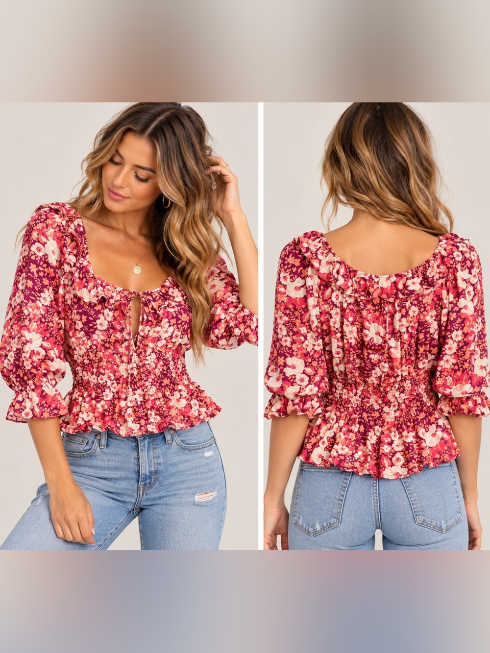 (#4) Free People Sweet Memories Floral Ruffle Blouse Fruit Punch XS